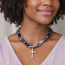 Load image into Gallery viewer, Black &amp; White Floral Bandana Necklace w/ Cross Pendant