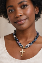 Load image into Gallery viewer, Black &amp; White Floral Bandana Necklace w/ Cross Pendant