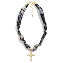 Load image into Gallery viewer, Black &amp; White Floral Bandana Necklace w/ Cross Pendant